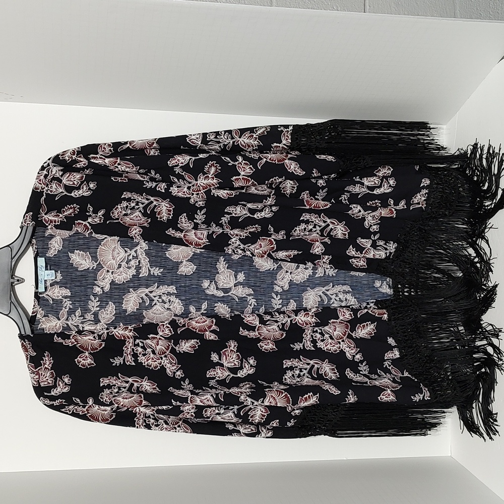Black Kimono Style Open Cardigan w/Fringe at Hem and Sleeves sz Small